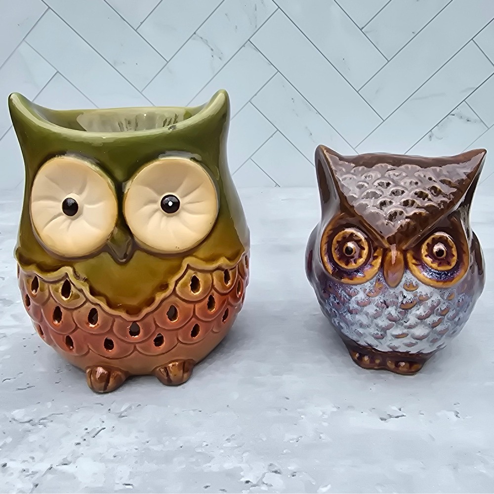 Vintage Ceramic Owl Wax Warmer and Figurine Set Brown Green Glazed Pottery Decor